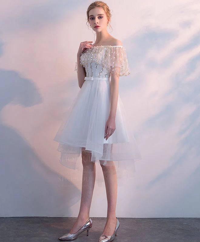 White Tulle Lace Short Prom Dress, White Homecoming Dress - Deanwangkt
