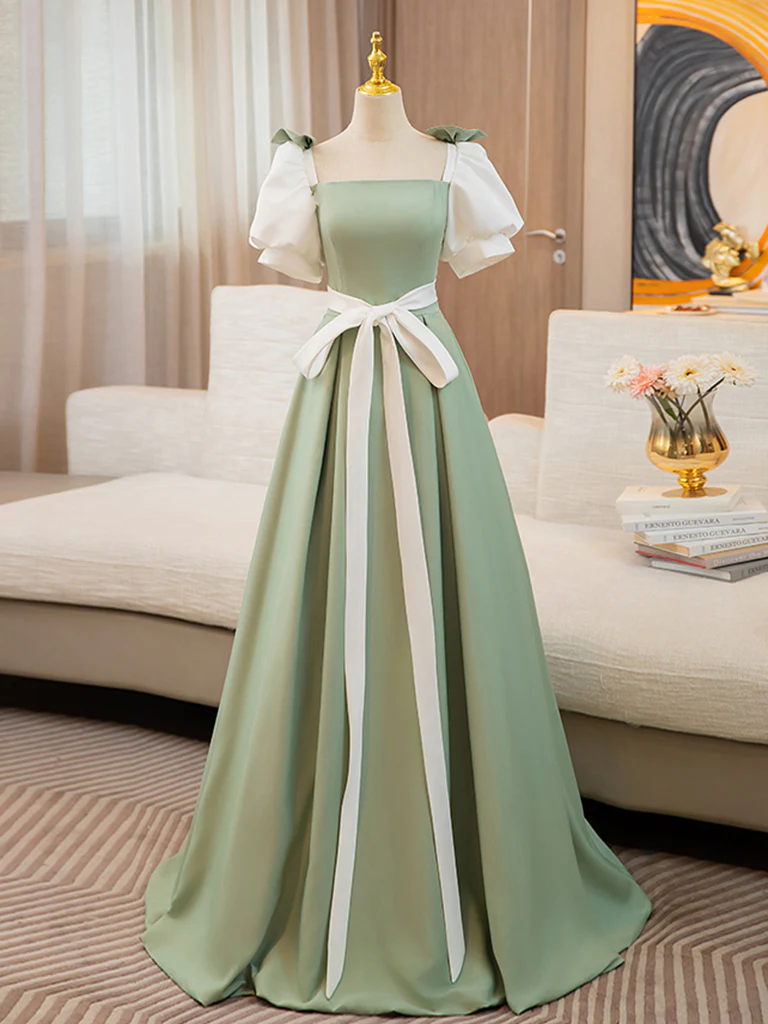 Puff  Sleeves A-line Satin Green/White Long Prom Dress, Green Long Formal Dress - Deanwangkt