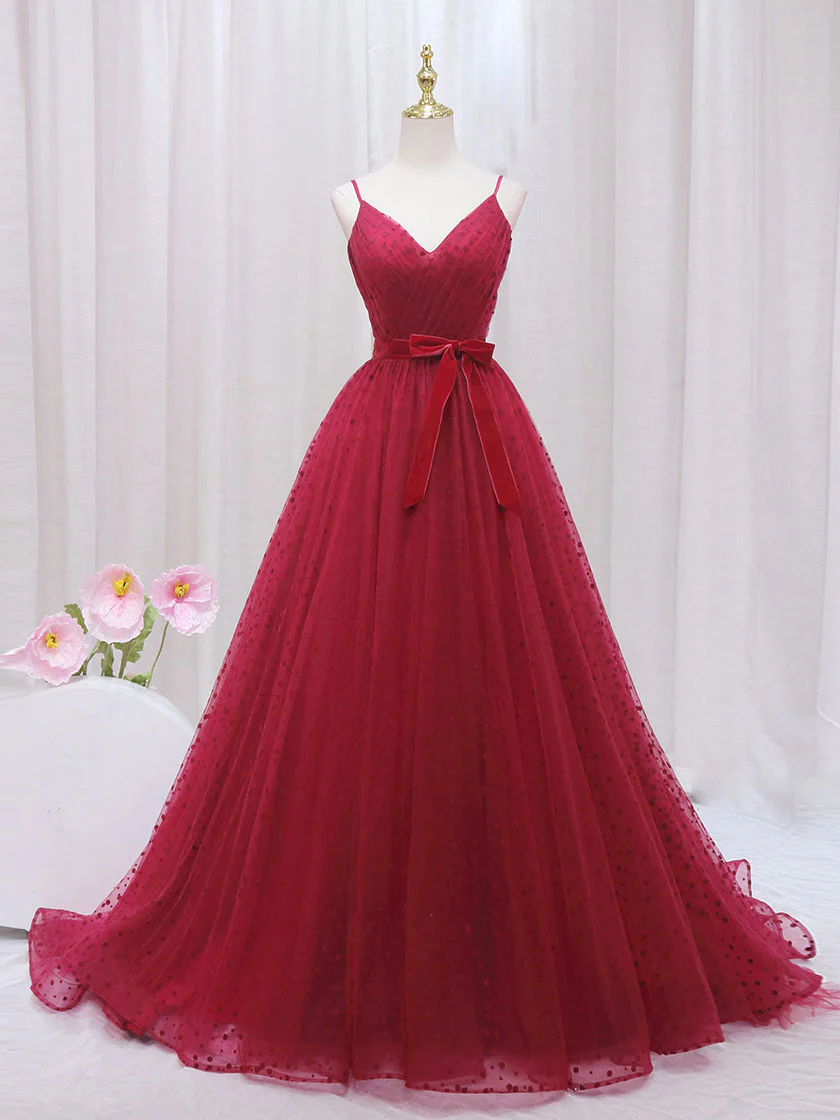 A-Line V Neck Tulle Burgundy Long Prom Dress, Burgundy Formal Dresses - Deanwangkt