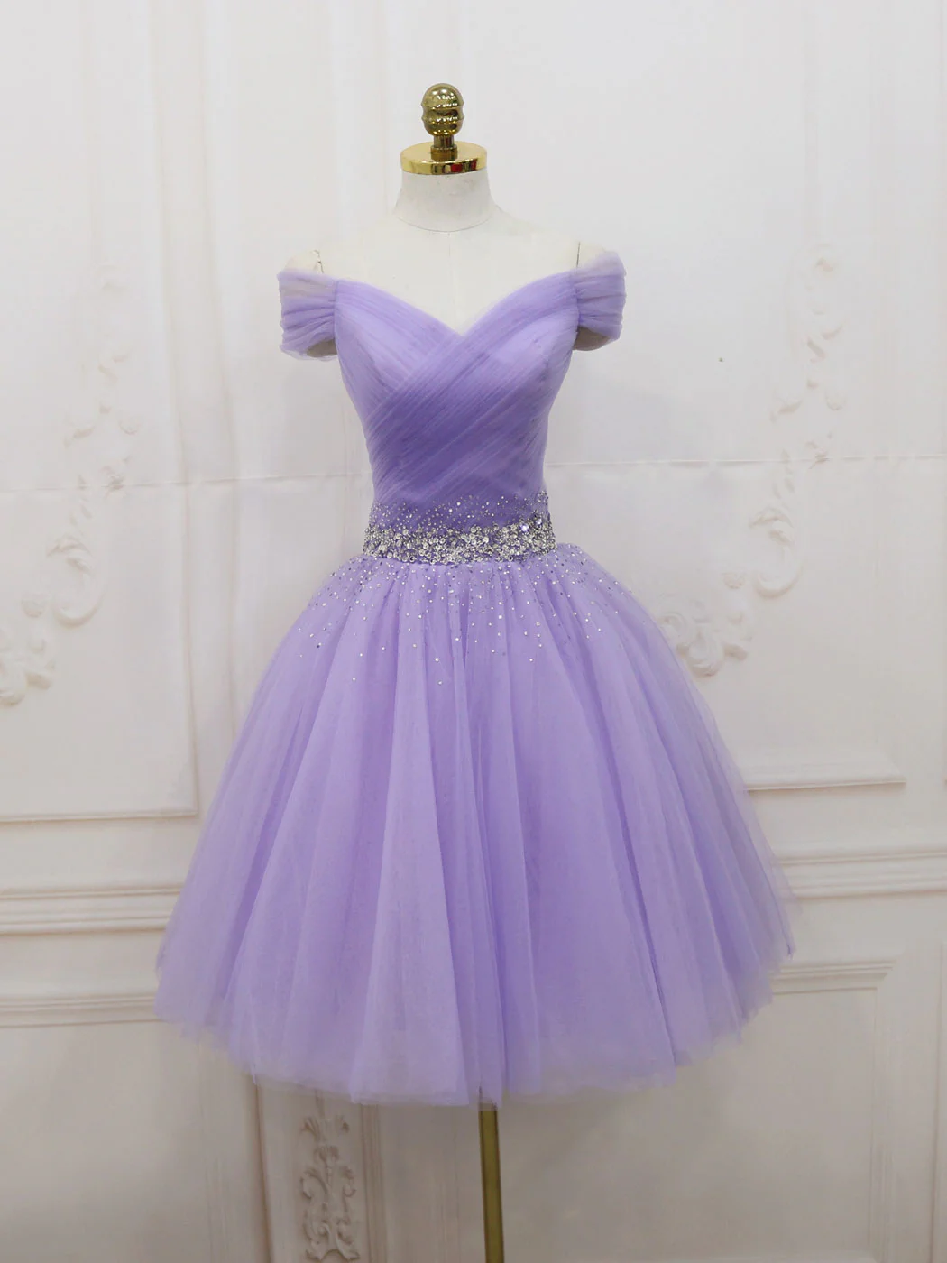 Purple Off Shoulder Tulle Sequin Prom Dress Purple Puffy Homecoming Dress - Deanwangkt