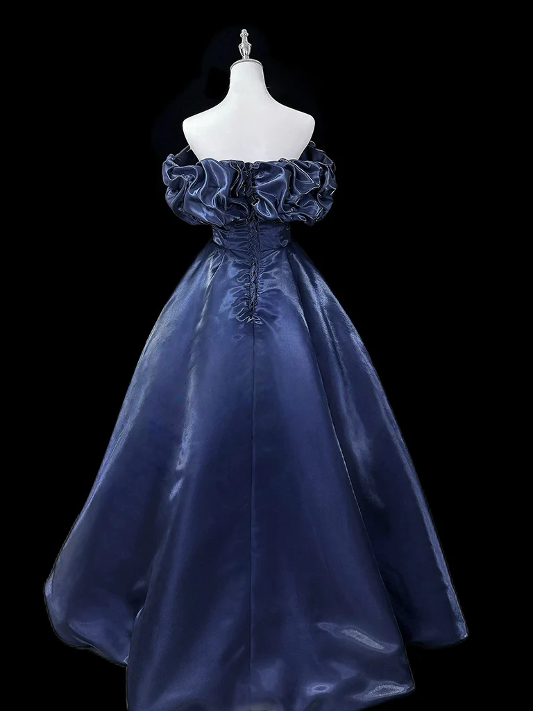 A-Line Off Shoulder Satin Dark Blue Long Prom Dress, Dark Blue Long Formal Dress - Deanwangkt