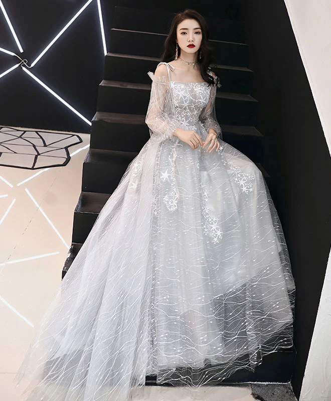 Gray Tulle Lace Long Prom Dress, Gray Tulle Evening Dress - Deanwangkt