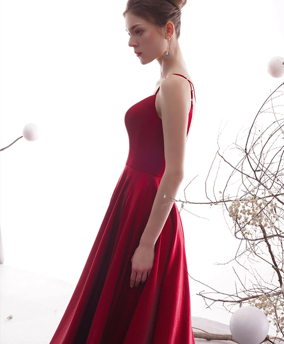 Simple Red Satin Tea Length Prom Dress, Red Homecoming Dresses - Deanwangkt