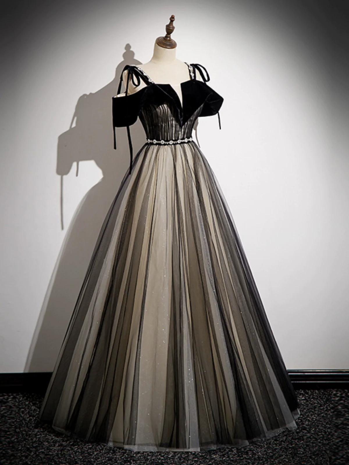 A-Line Tulle Black Long Prom Dress, Black Long Formal Dress - Deanwangkt