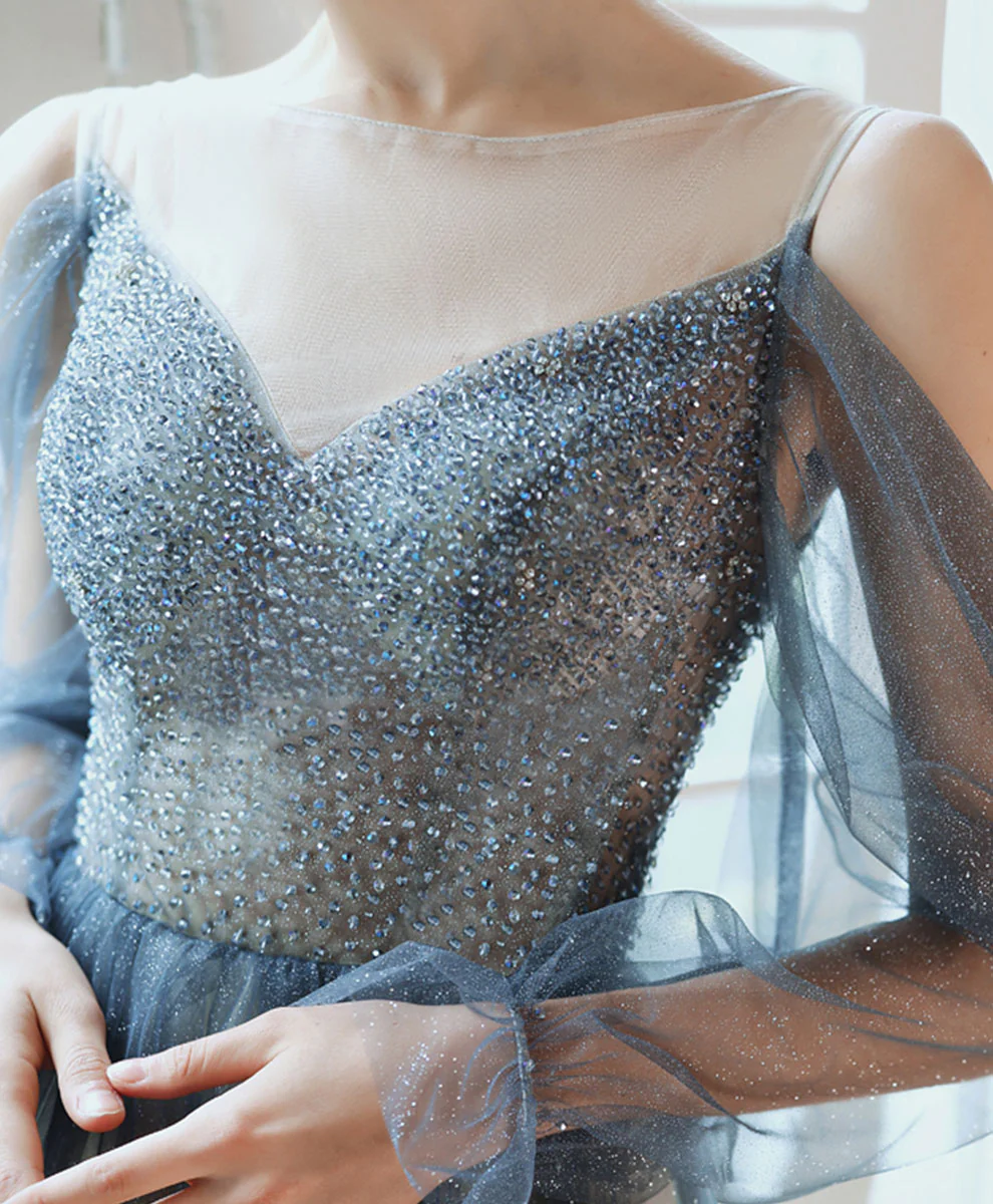 Blue Tulle Sequin Long Prom Dress Blue Tulle Formal Dress - Deanwangkt