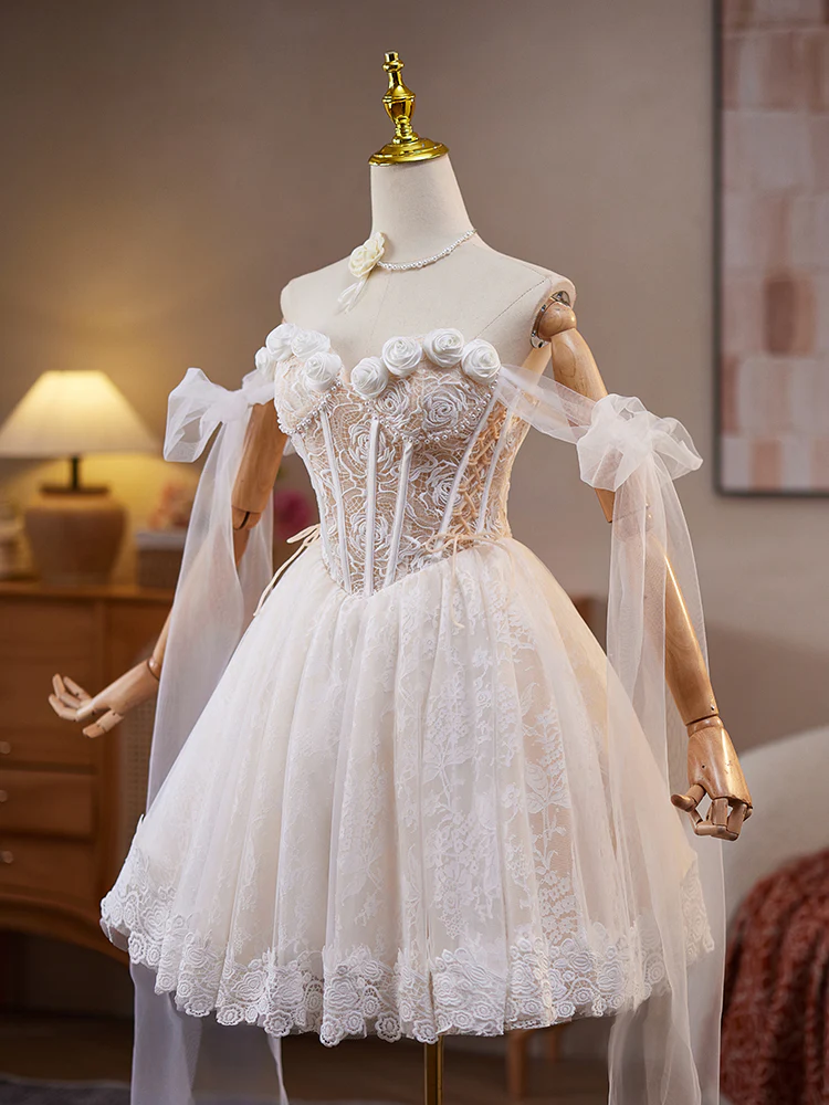 A-Line Off Shoulder Tulle Lace Beige Short Prom Dress, Beige Homecoming Dress - Deanwangkt
