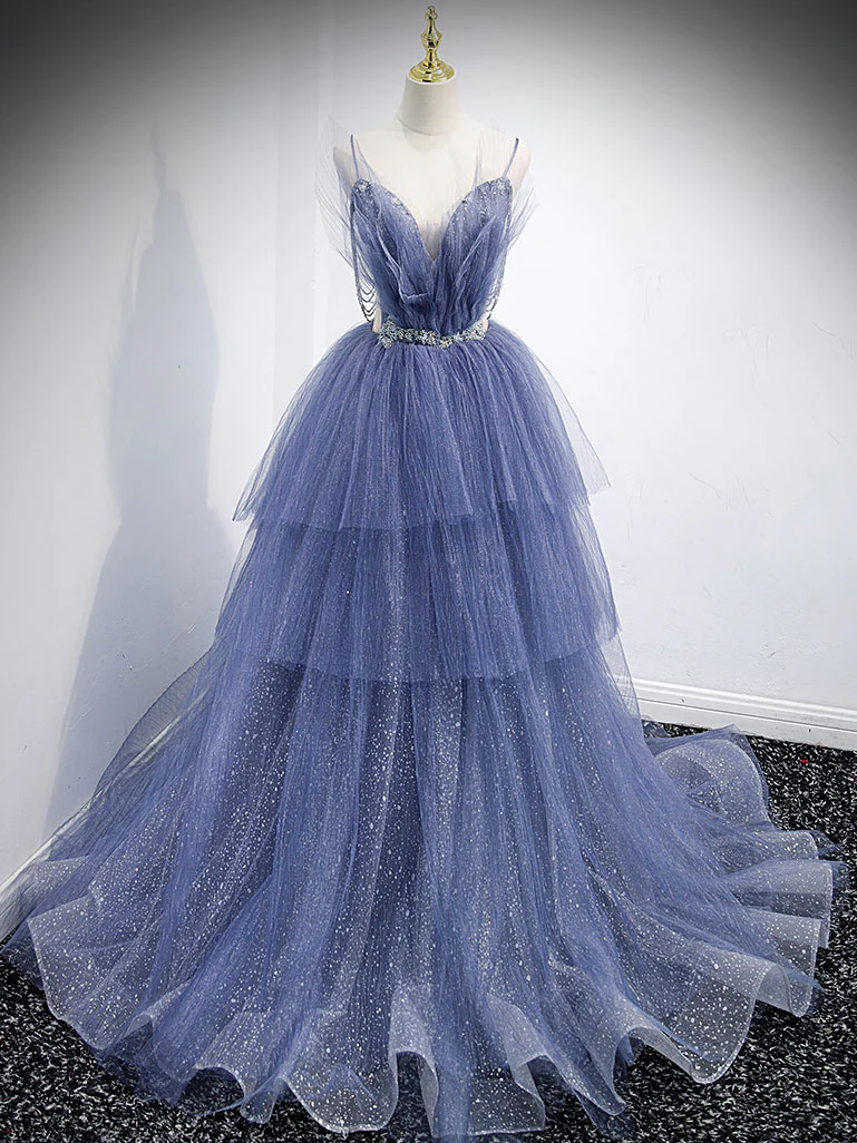 Blue V Neck Tulle Sequin Long Prom Dress, Blue Tulle Formal Dress - Deanwangkt