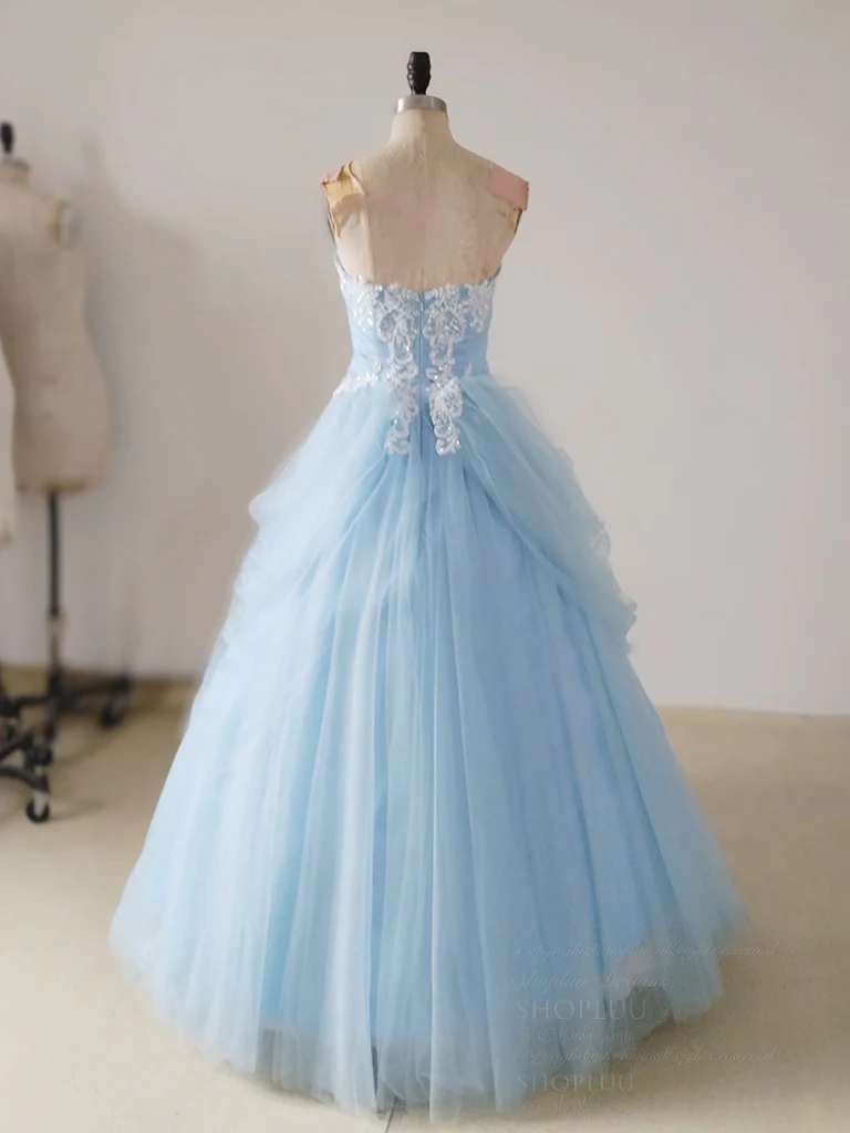 A-Line Sweetheart Neck Lace Blue Long Prom Dress, Blue Long Sweet 16 Dress - Deanwangkt