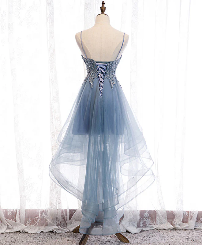 Blue Sweetheart Tulle Lace High Low Prom Dress, Blue Homecoming Dress - Deanwangkt