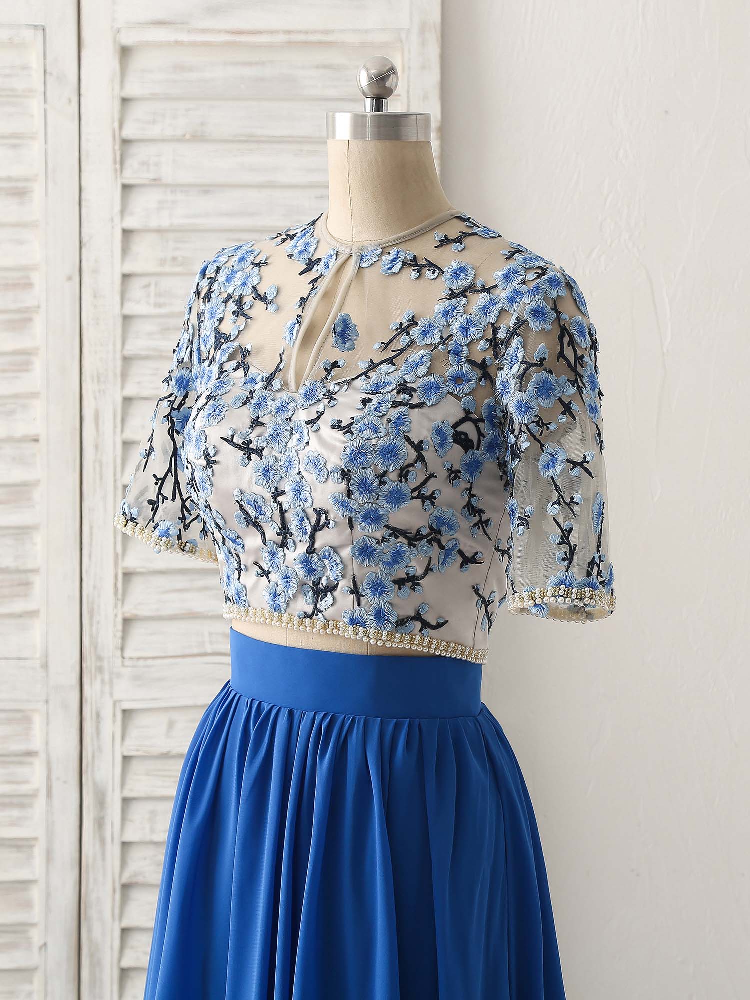 Unique Blue Two Pieces Long Prom Dress Applique Formal Dress - Deanwangkt