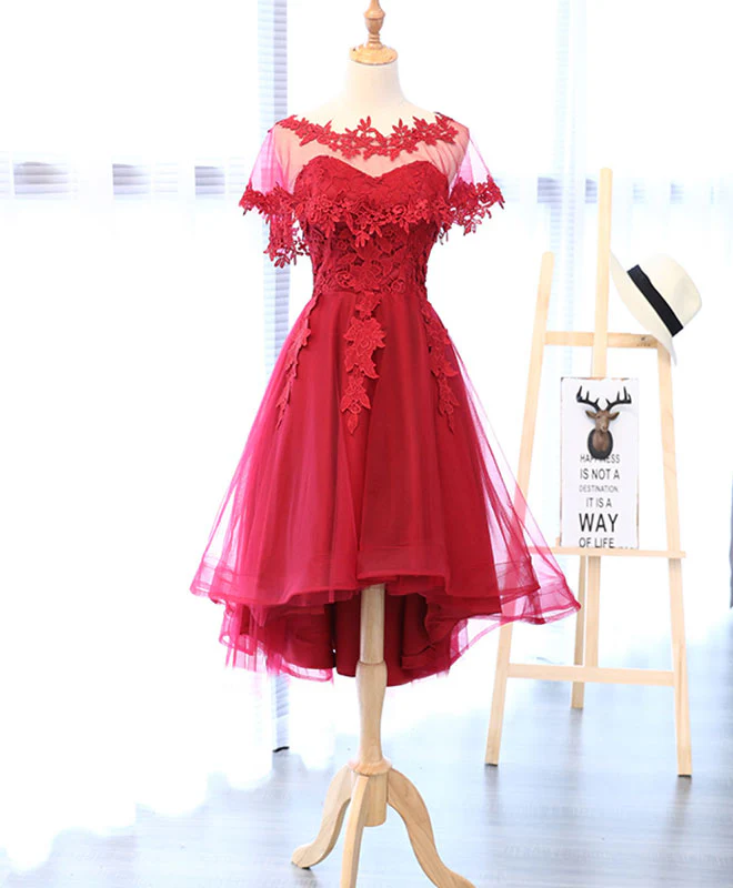 Red Round Neck Lace Tulle Short Prom Dress - Deanwangkt