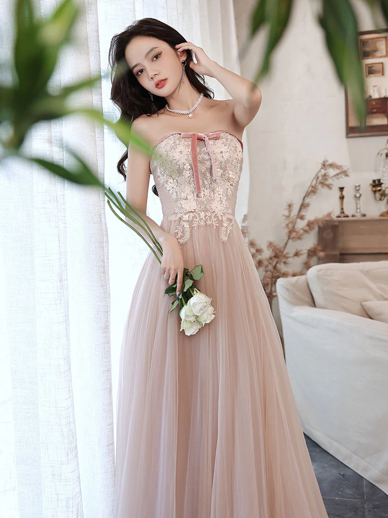 Champagne Tulle Lace Long Prom Dress, Champagne Evening Dress - Deanwangkt