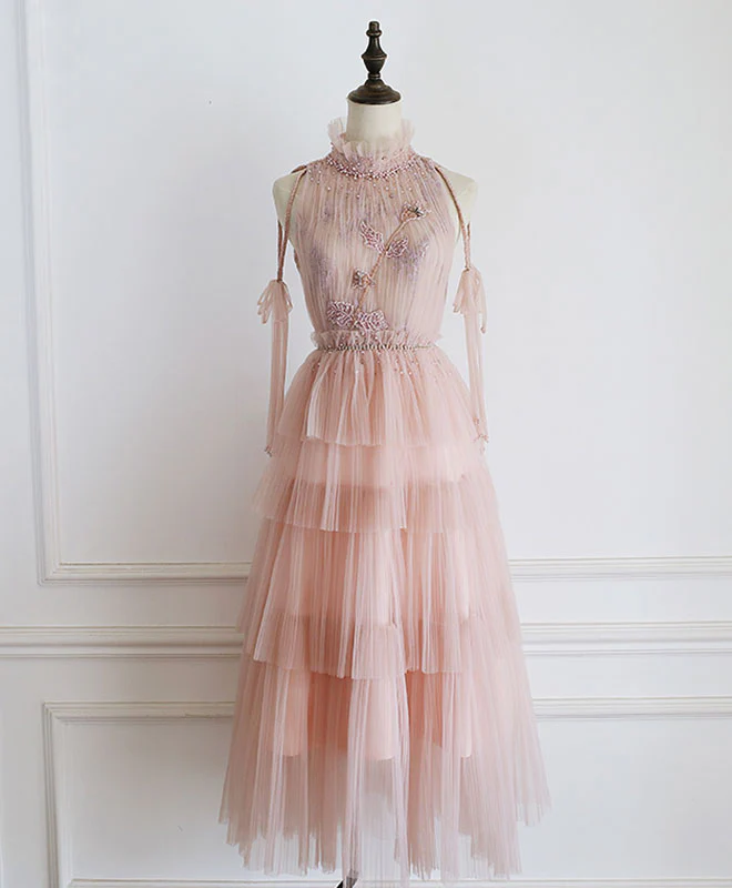 Pink Tulle Lace Prom Dress, Tulle Lace Homecoming Dress - Deanwangkt