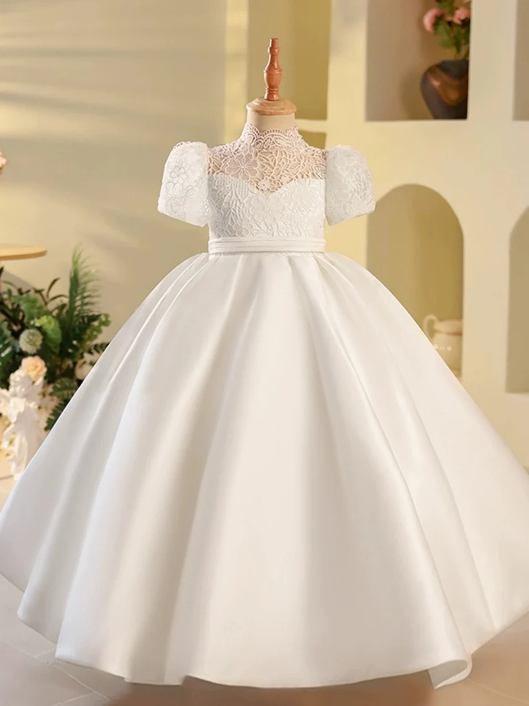 White High Neck Lace Satin Flower Girl Dress - Deanwangkt