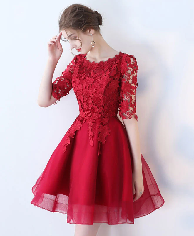 Burgundy Lace Tulle Short Prom Dress, Burgundy Homecoming Dress - Deanwangkt