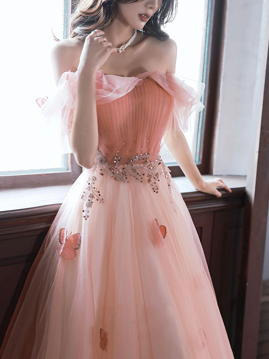 Pink Off Shoulder Tulle Long Prom Dress, Pink Tulle Formal Dress - Deanwangkt
