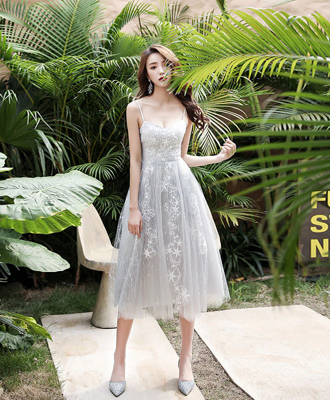 Gray Tulle Lace Short Prom Dress Gray Homecoming Dress - Deanwangkt
