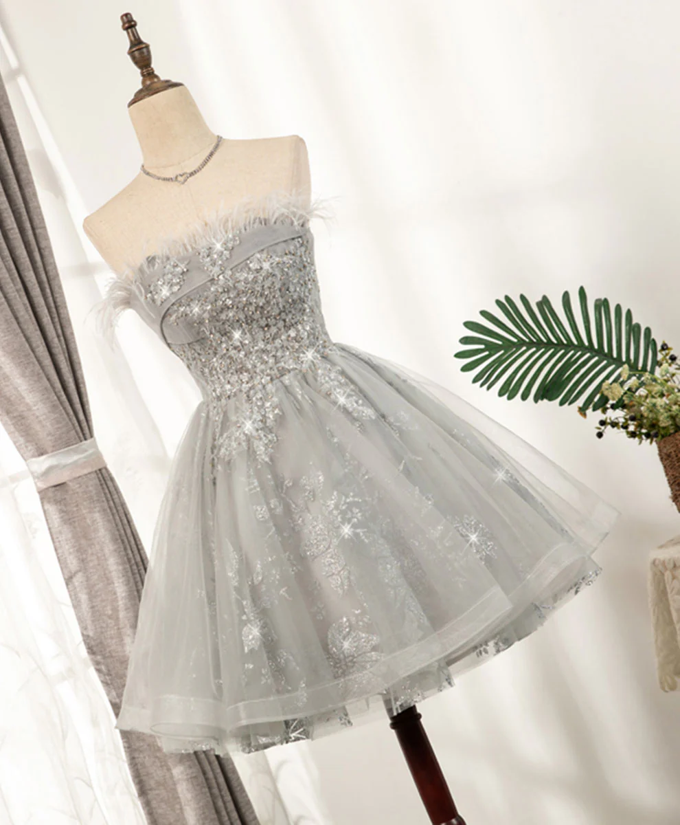 Gray Sweetheart Lace Tulle Short Prom Dress Gray Homecoming Dress - Deanwangkt