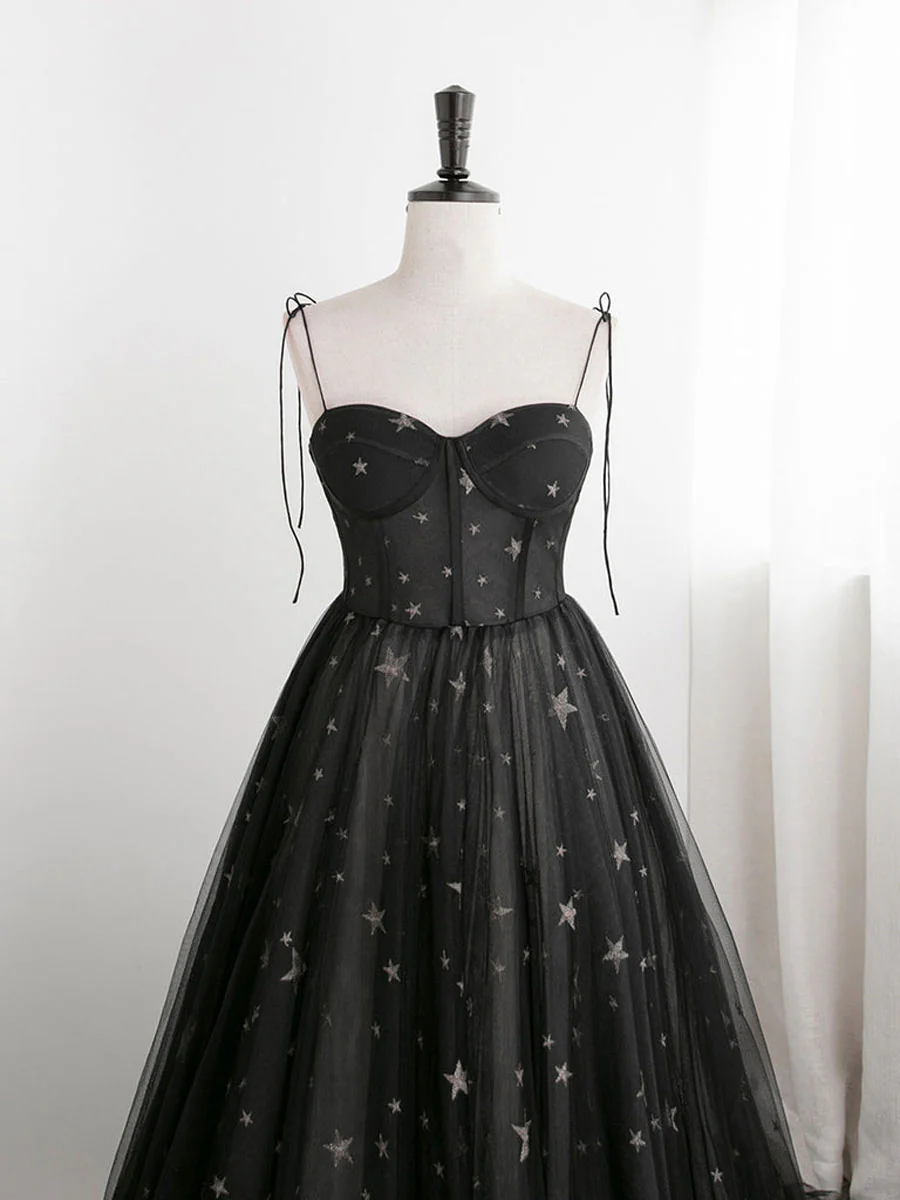 Black A line Sweetheart Neck Tulle Long Prom Dresses, Black Formal Graduation Dresses - Deanwangkt
