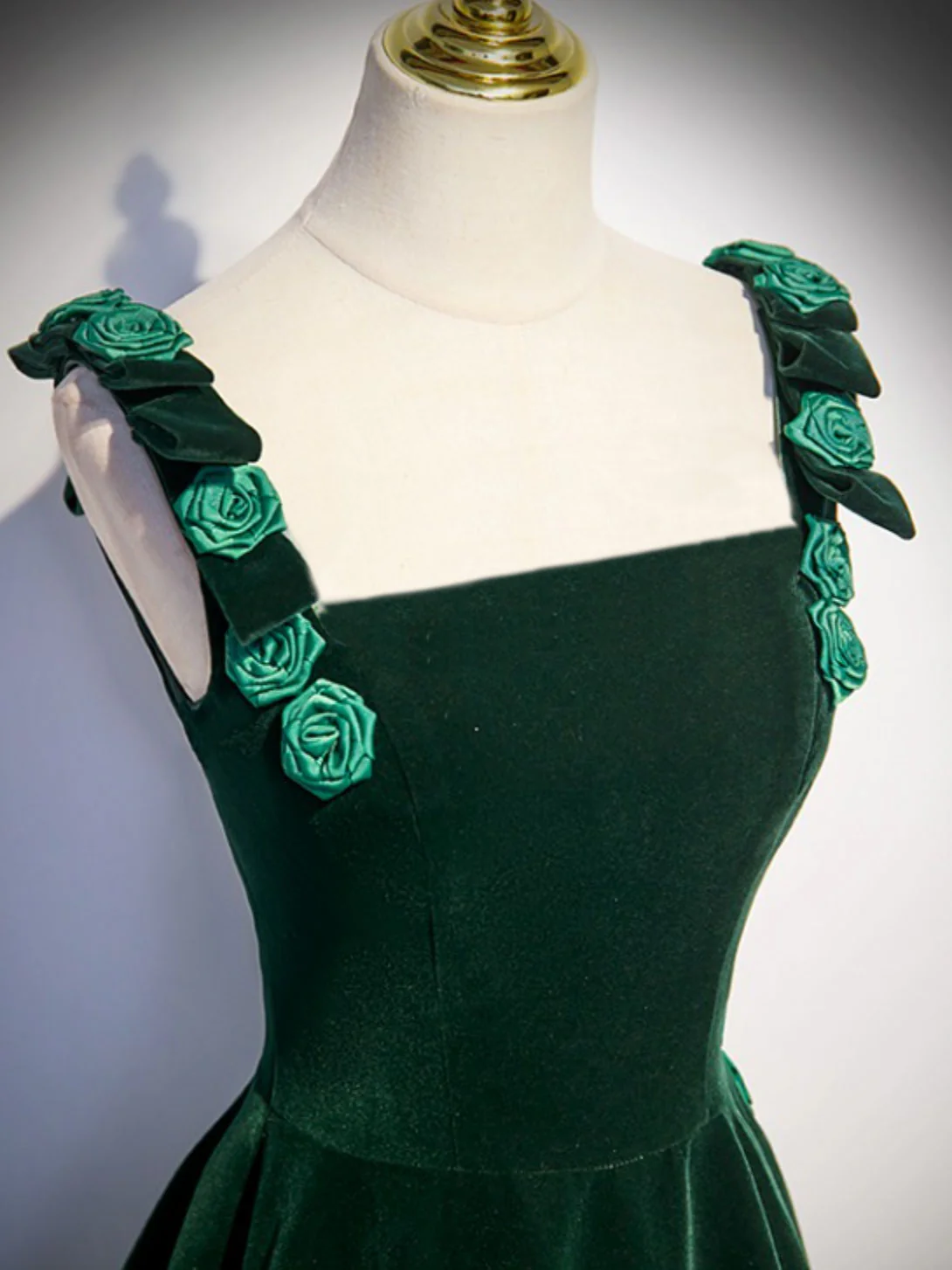 A-Line Velvet Green Long Prom Dresses, Green Formal Evening Dresses - Deanwangkt
