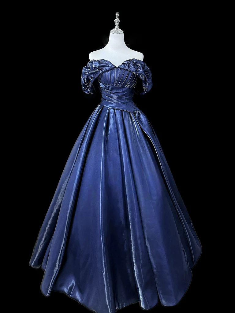 A-Line Off Shoulder Satin Dark Blue Long Prom Dress, Dark Blue Long Formal Dress - Deanwangkt