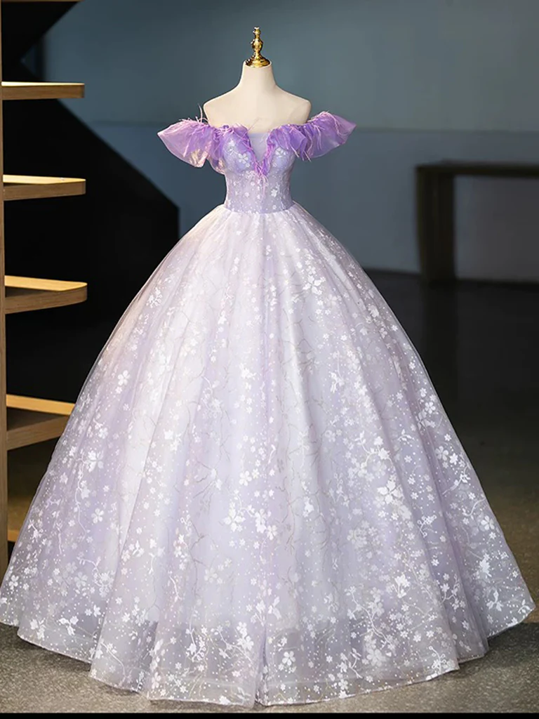 A-Line Off Shoulder Tulle Lace Purple Long Prom Dress, Purple Long Formal Dress - Deanwangkt