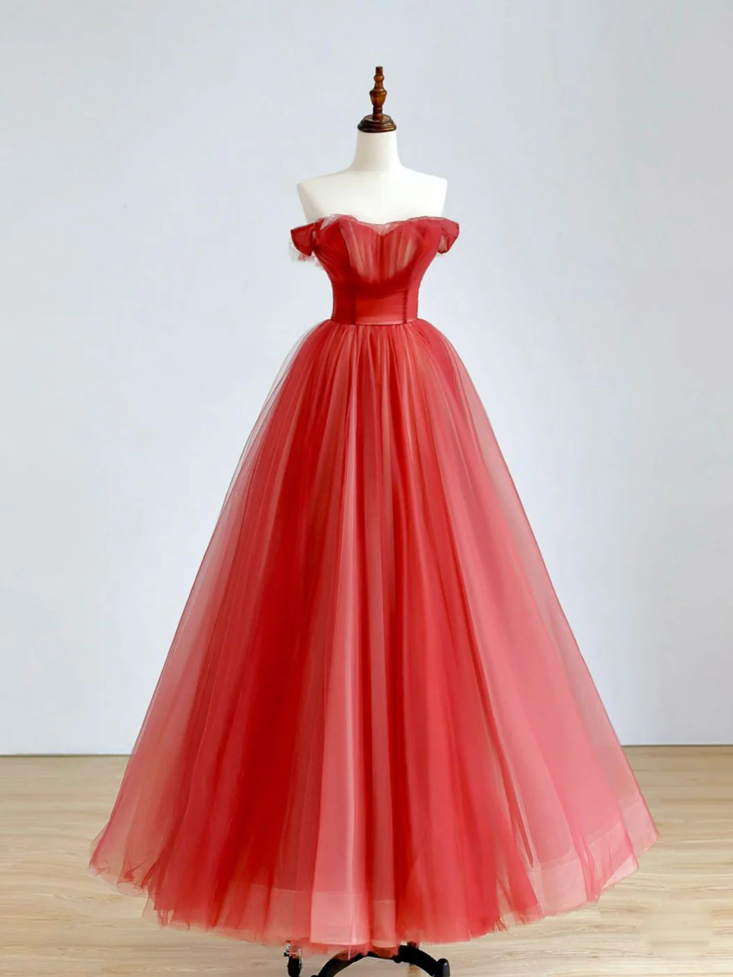 Red A-Line Long Prom Dress, Red Tulle Formal Graduation Dresses - Deanwangkt