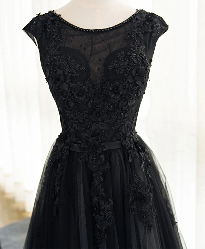Black A Line Tulle Lace Long Prom Dress, Evening Dress - Deanwangkt
