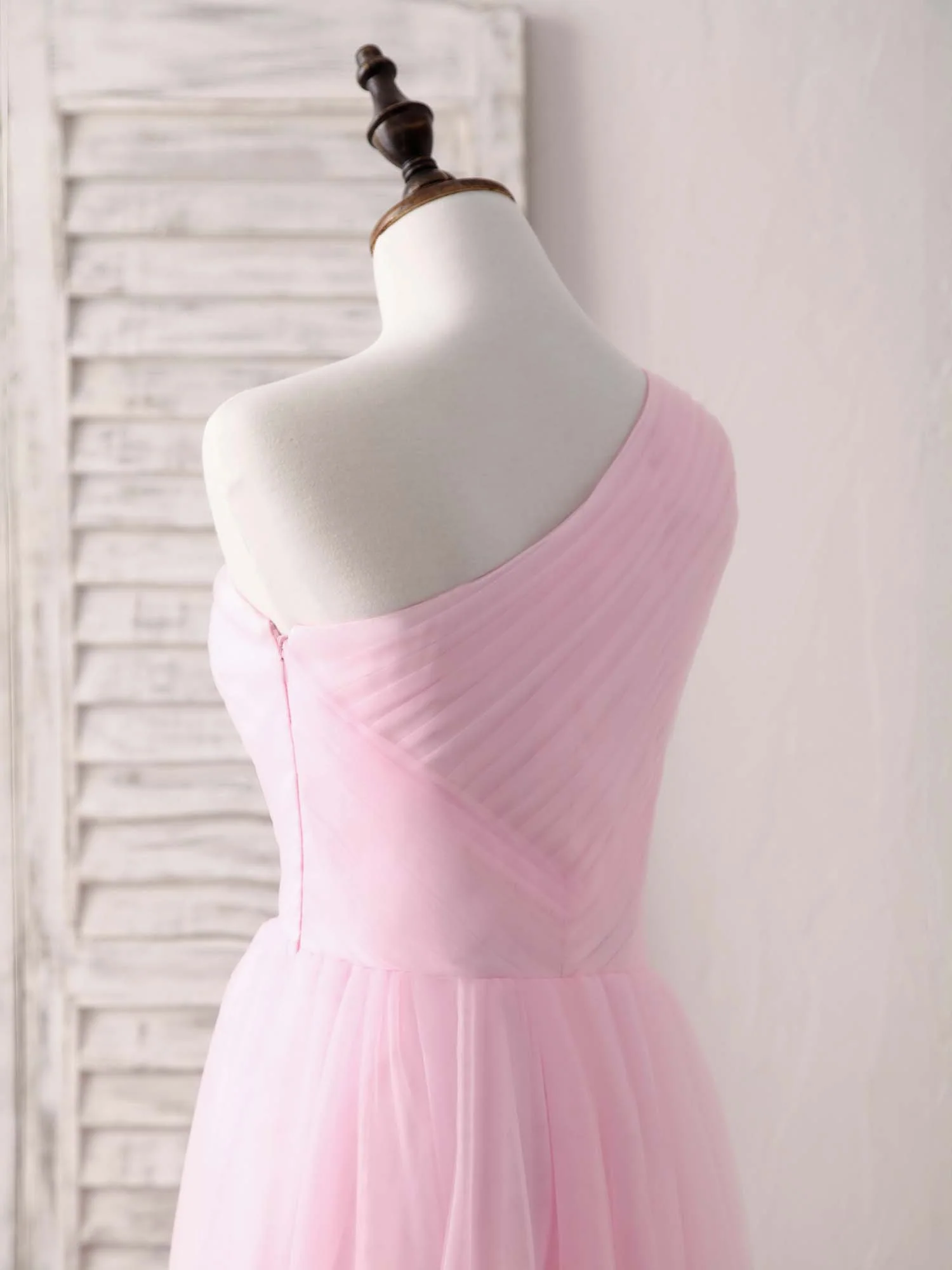 Pink Tulle One Shoulder Long Prom Dress Pink Bridesmaid Dress - Deanwangkt