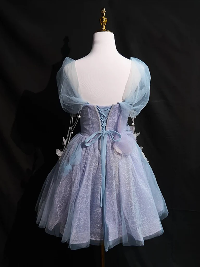 A-Line Off Shoulder Tulle Purple Short Prom Dress, Purple Homecoming Dress - Deanwangkt