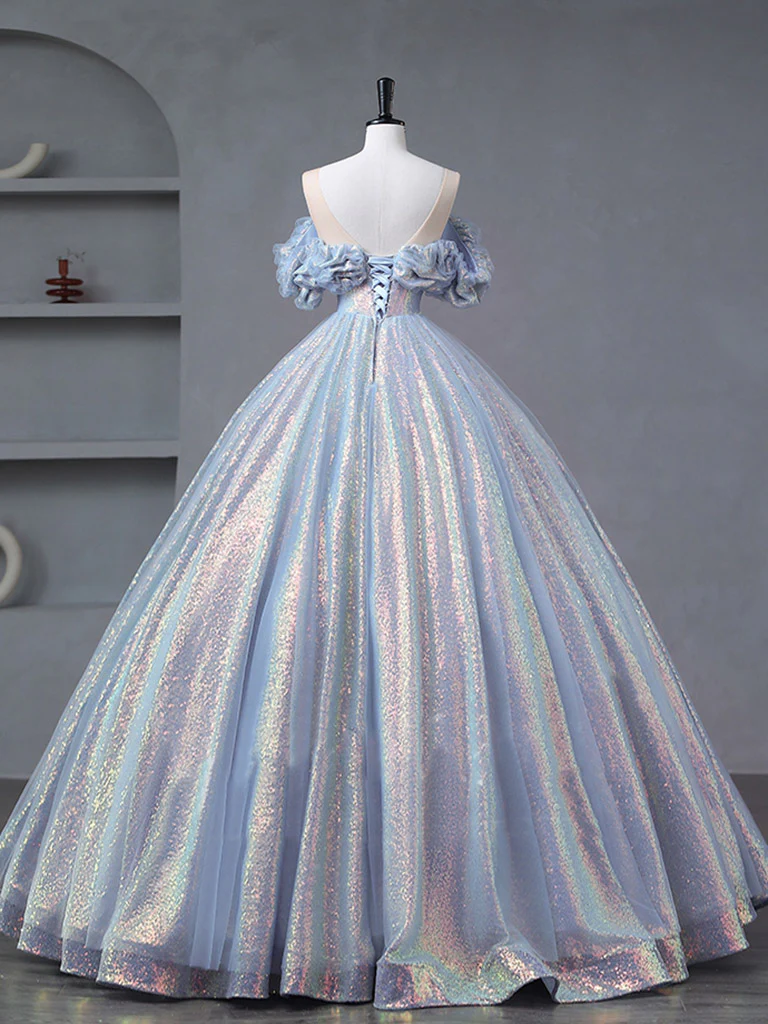 A-Line Off Shoulder Tulle Sequin Blue Purple Long Prom Dress, Sequin Formal Dress - Deanwangkt