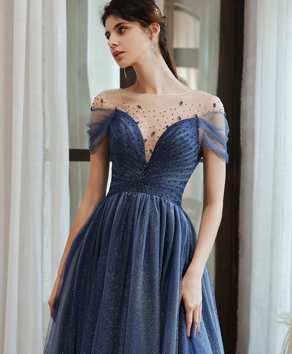 Blue Tulle Off Shoulder Sequin Long Prom Dress Blue Evening Dress - Deanwangkt