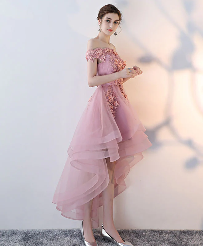 Pink Lace High Low Prom Dress, Pink Homecoming Dress - Deanwangkt