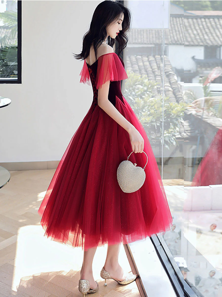 Burgundy Round Neck Velvet Short Prom Dress, Puffy Burgundy Homecoming Dress - Deanwangkt