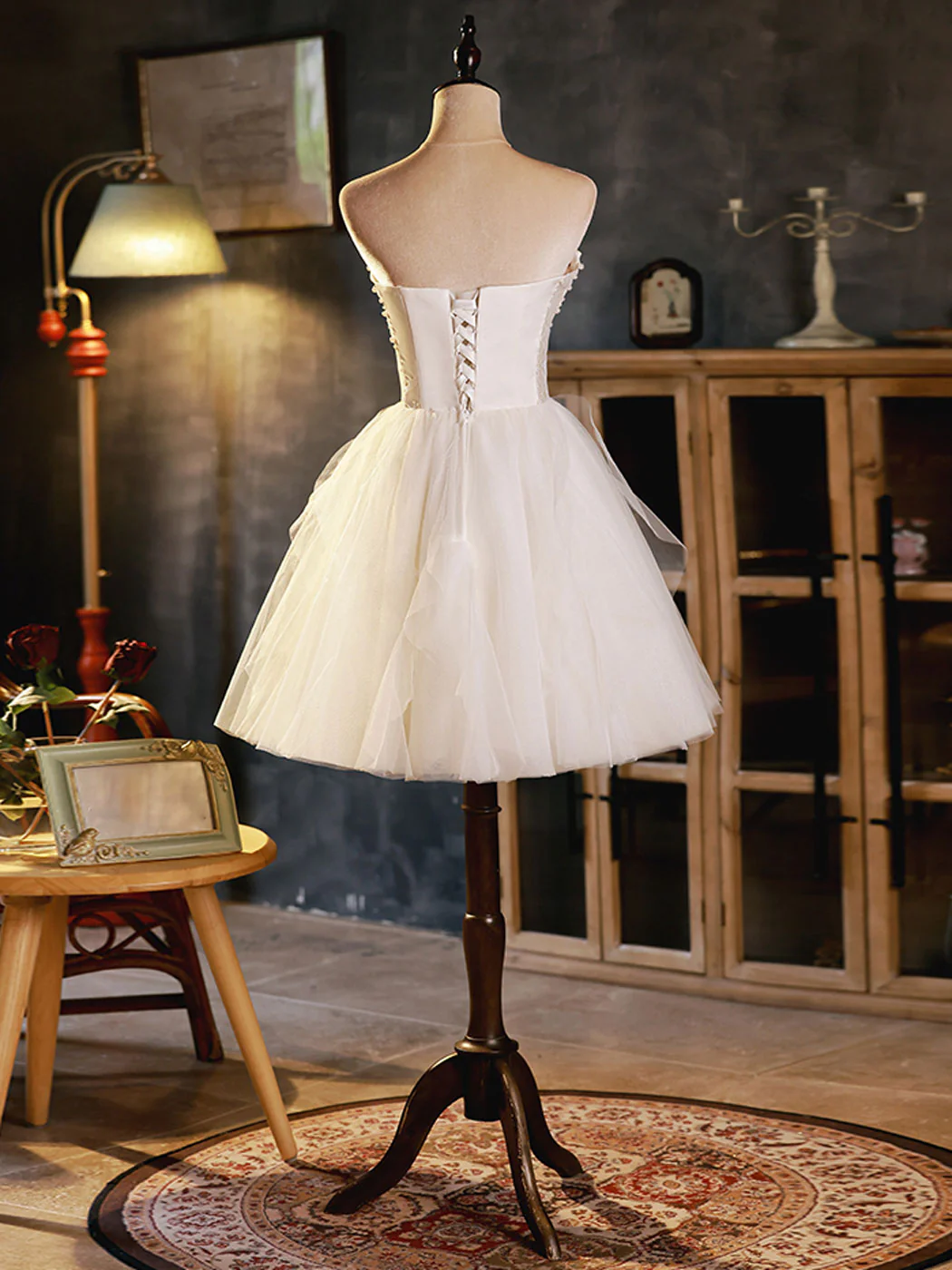 White Sweetheart Neck Tulle Short Prom Dress, Light Champagne Homecoming Dress - Deanwangkt