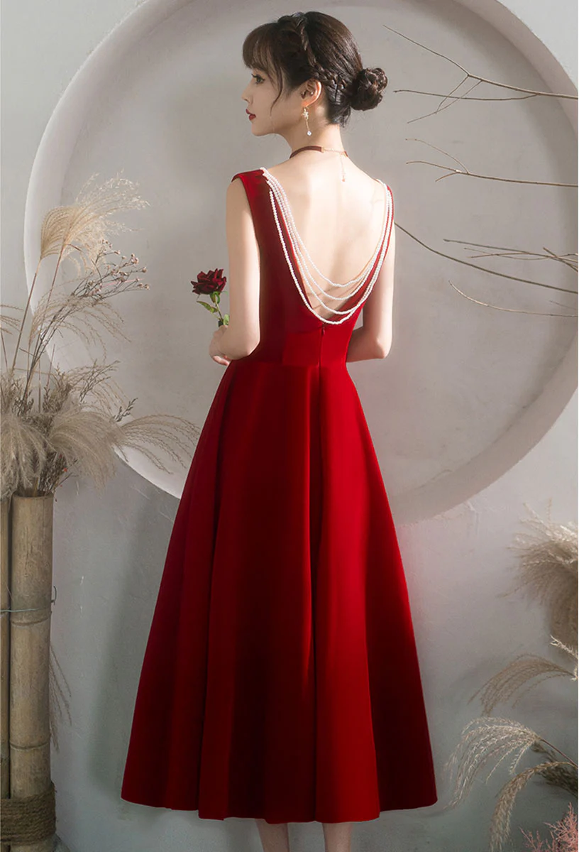 Burgundy V Neck Short Prom Dress, Burgundy Bridesmaid Dress - Deanwangkt