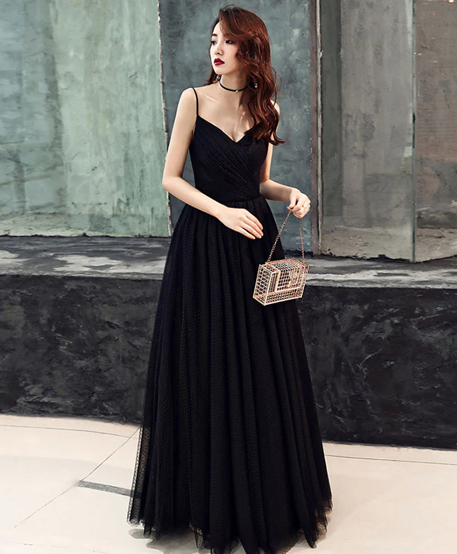 Simple Sweetheart Black Tulle Long Prom Dress, Black Evening Dress - Deanwangkt