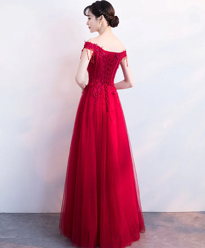 Burgundy V Neck Tulle Lace Long Prom Dress, Burgundy Tulle Bridesmaid Dress - Deanwangkt