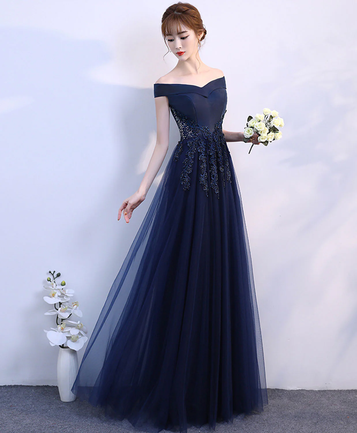 Dark Blue Off Shoulder Long Prom Dress, Blue Evening Dress - Deanwangkt