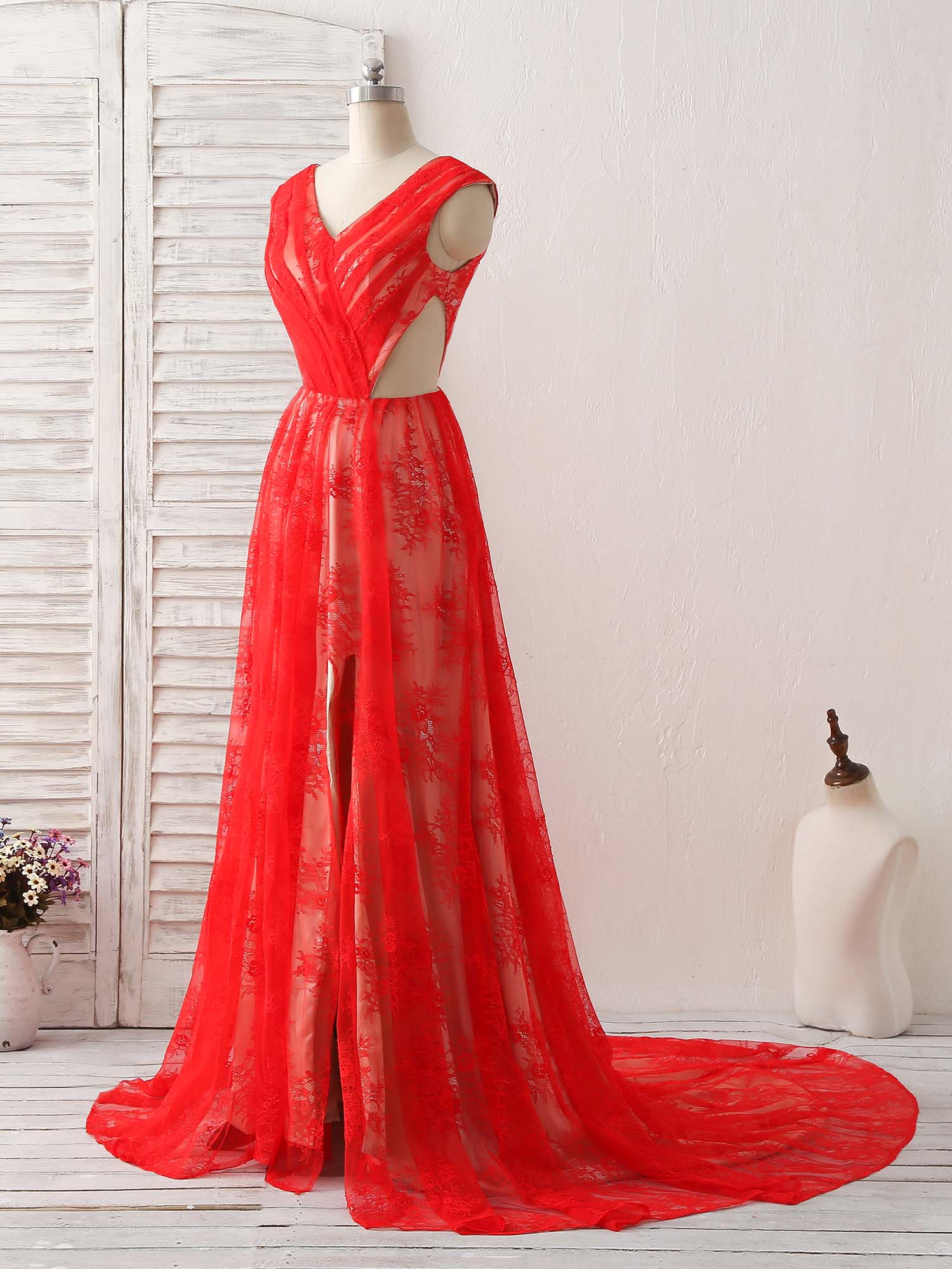 Red V Neck Lace Long Prom Dress, Lace Evening Dress - Deanwangkt