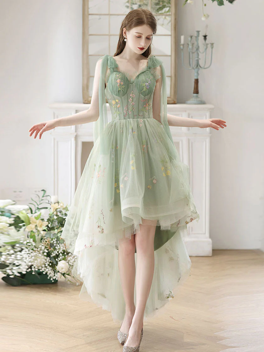 A-Line High Low Green Lace Short Prom Dress, Green Lace Homecoming Dress - Deanwangkt