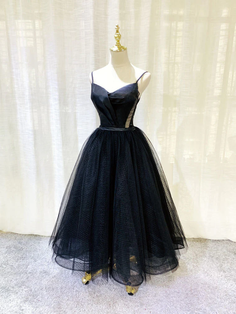 Simple Tulle Tea Length Black Prom Dress, Black Homecoming Dress - Deanwangkt
