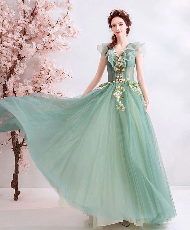 Green V Neck Tulle Lace Long Prom Dress, Green Evening Dress - Deanwangkt