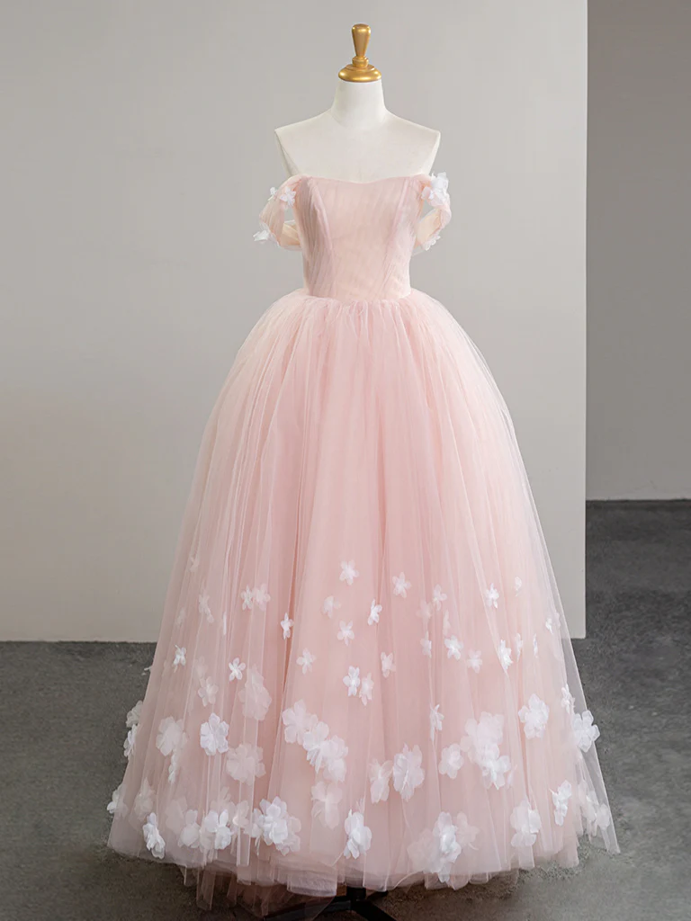 A-Line Off Shoulder Tulle Flower Pink Long Prom Dress, Pink Long Evening Dress - Deanwangkt
