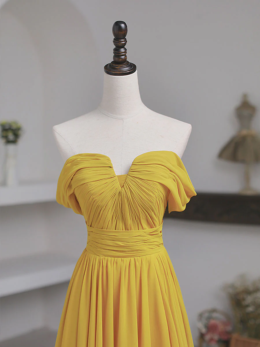 Simple Yellow Off Shoulder Long Prom Dress, Yellow Chiffon Graduation Dresses - Deanwangkt