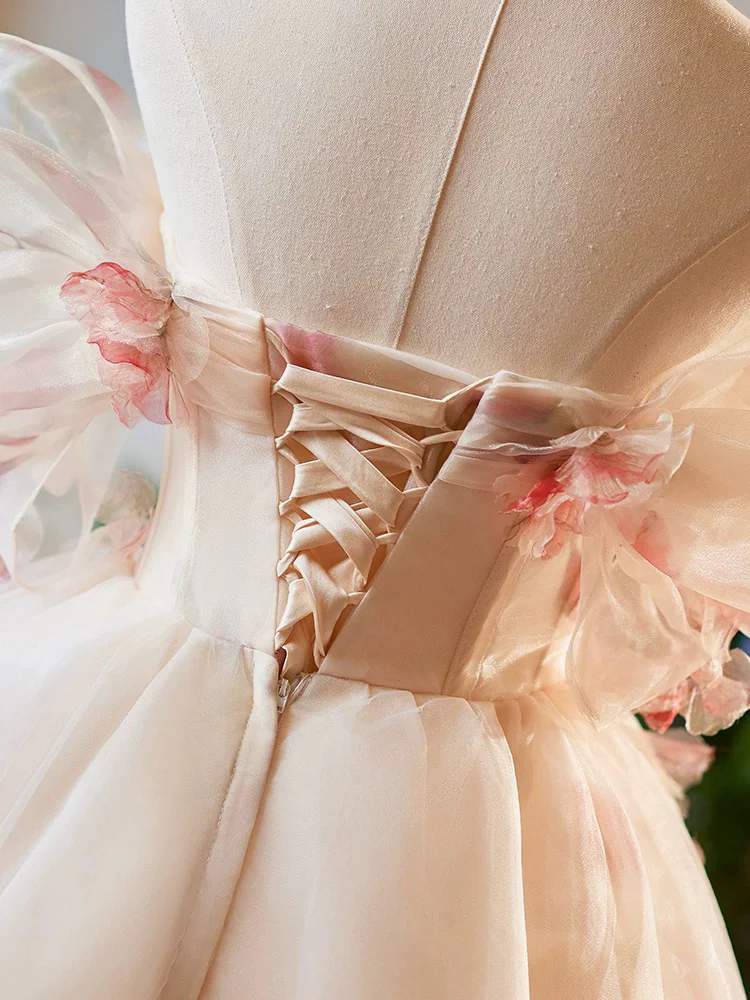A-Line Off Shoulder Tulle Short Champagne Prom Dress, Cute Homecoming Dress - Deanwangkt