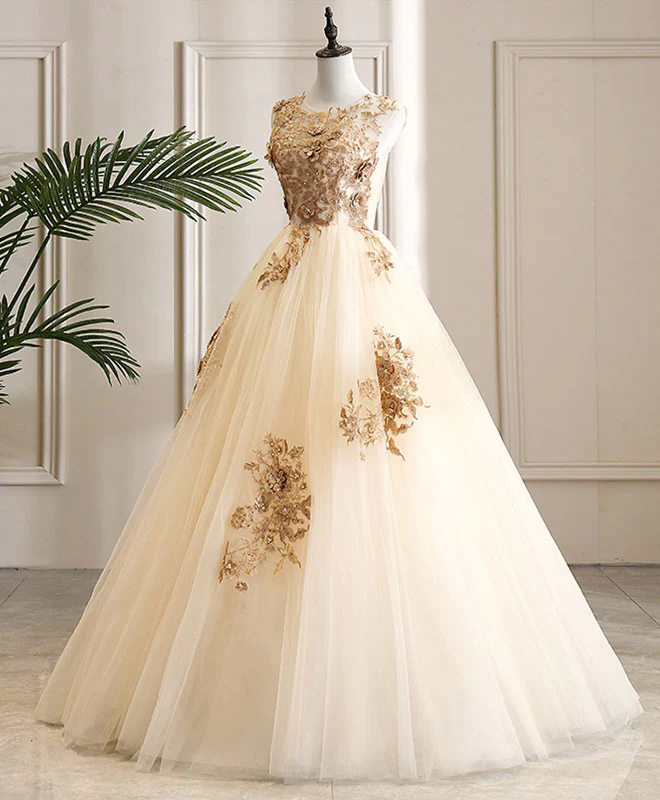 Champagne Tulle Lace Long Prom Dress Champagne Evening Dress - Deanwangkt