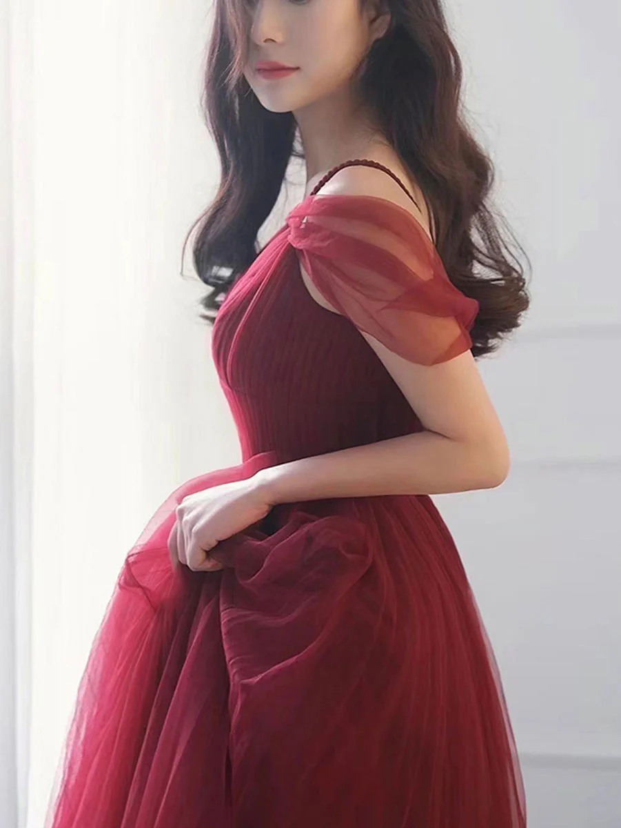 Simple V neck Tulle Burgundy Long Prom Dress, Burgundy Tulle Formal Dresses - Deanwangkt