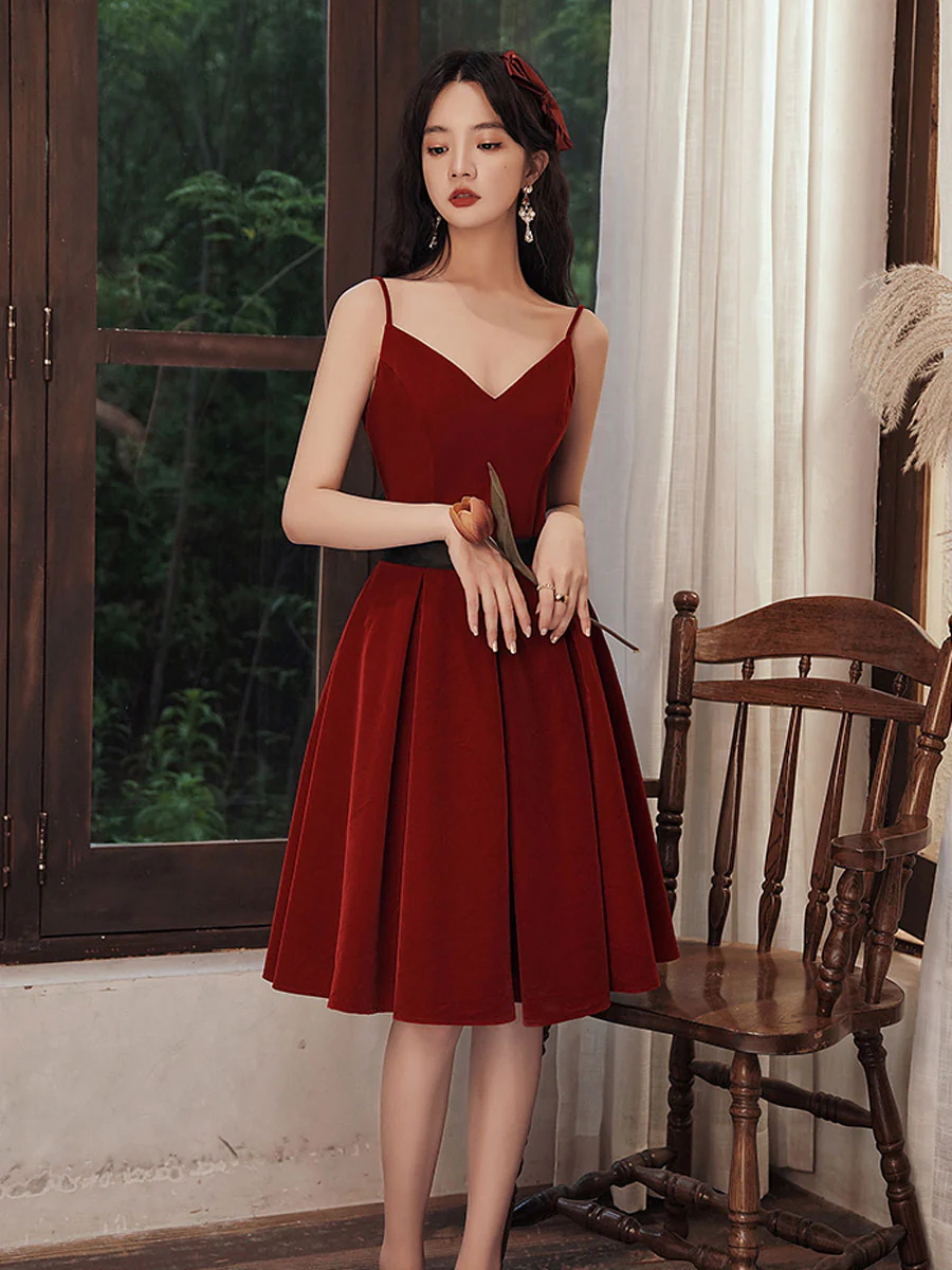 Burgundy velvet short prom dress, burgundy homecoming dress - Deanwangkt