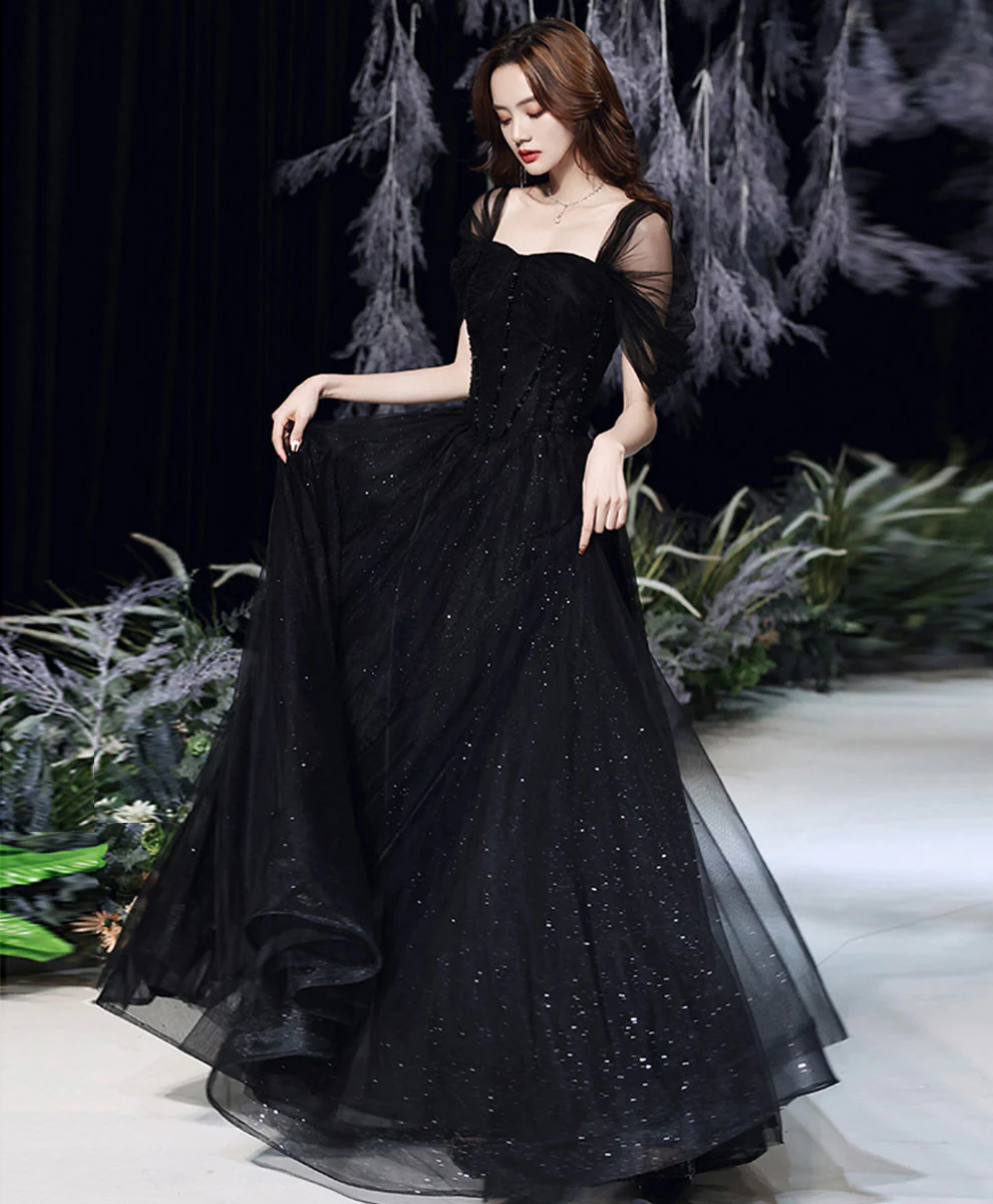 Black Tulle Off Shoulder Long Prom Dress, Black Formal Graduation Dresses - Deanwangkt